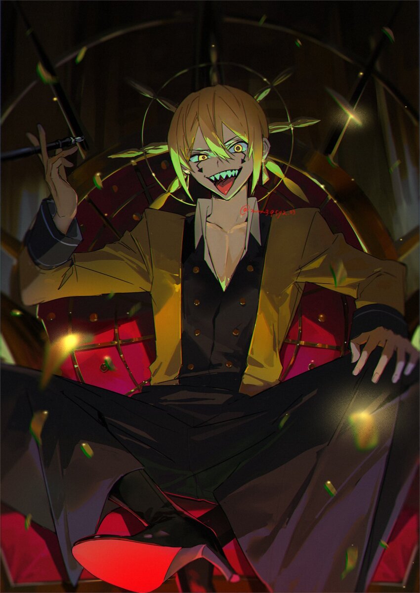 1boy, blonde_hair, collarbone, collared_shirt, delisaster, high_heels, highres, long_sleeves, looking_at_viewer, mashle, mm39572, sharp_teeth, shirt, sitting, solo, teeth, tongue, tongue_out, yellow_eyes