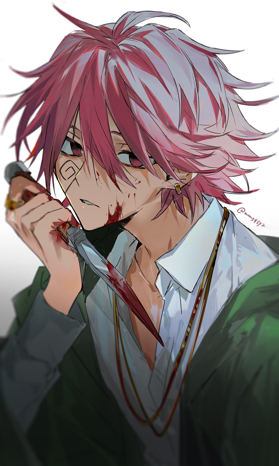 1boy, blood, carpaccio_luo-yang, collared_shirt, highres, knife, long_sleeves, mashle, mm39572, parted_lips, red_eyes, red_hair, shirt, short_hair, solo, twitter_username, upper_body, white_shirt
