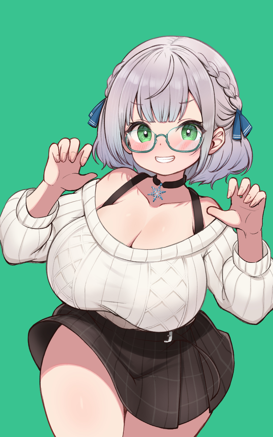 1girl, :d, belt_buckle, black_choker, black_tank_top, blue_ribbon, blunt_bangs, blush