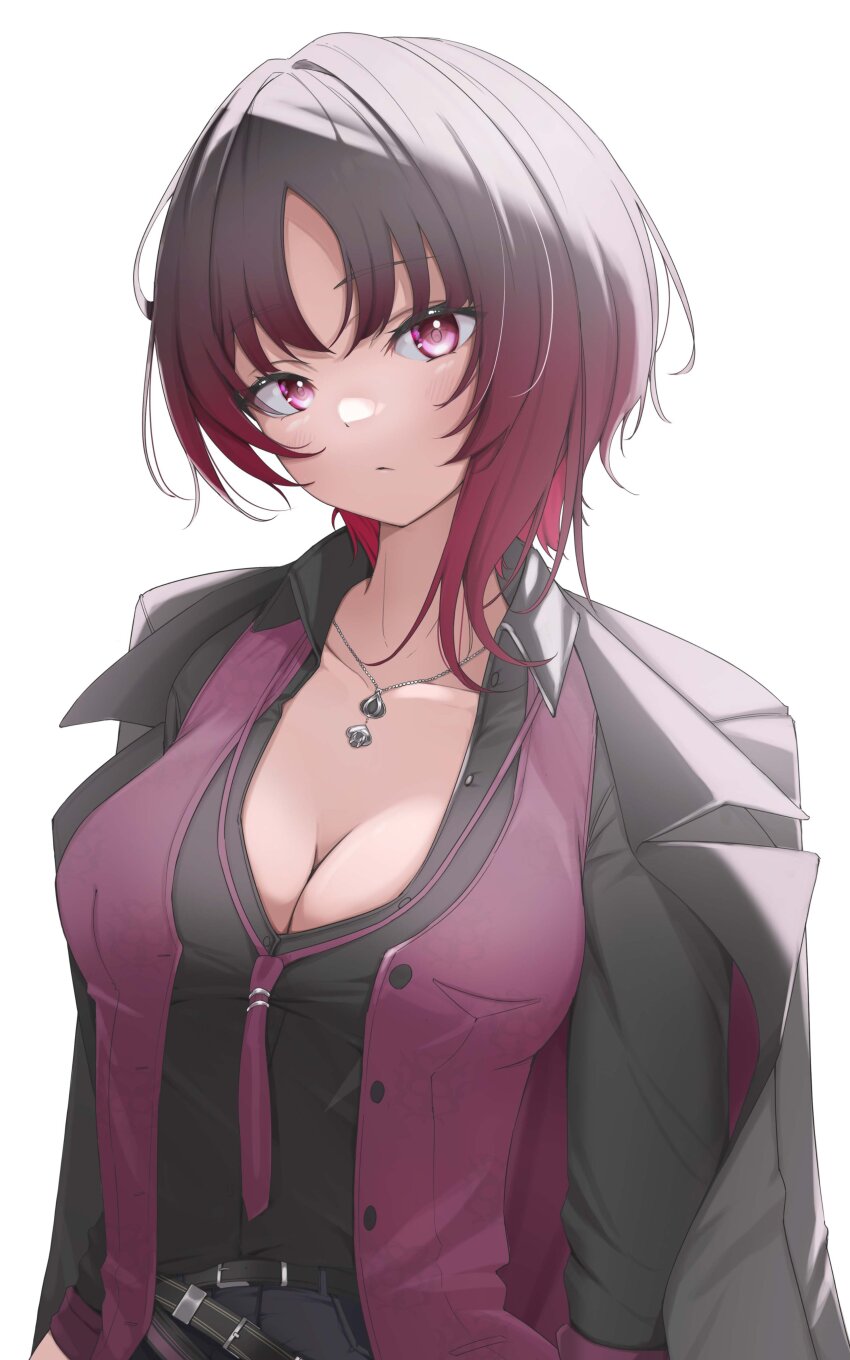 1girl, absurdres, belt, black_hair, black_jacket, black_shirt, breasts, cleavage