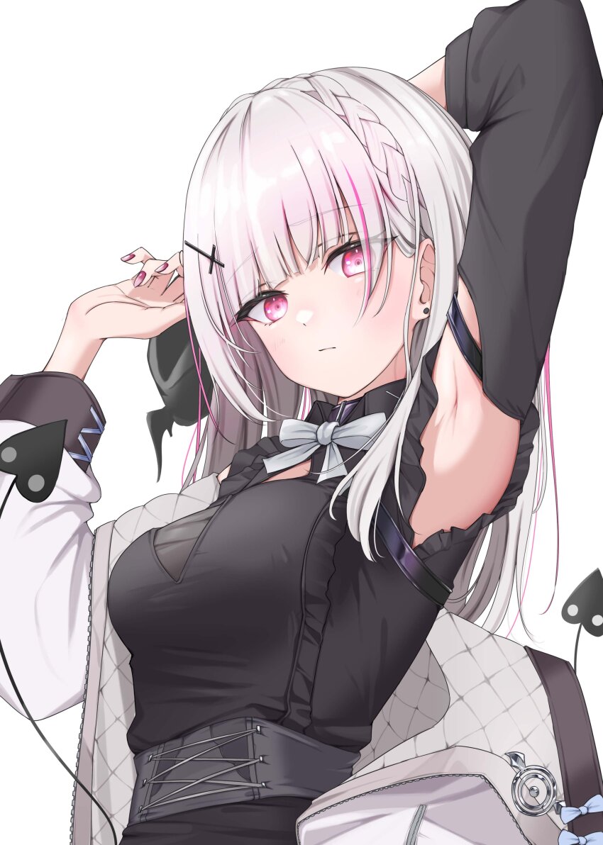 1girl, absurdres, arm_behind_head, armpits, asumi_sena, asumi_sena_(3rd_costume), black_shirt, bow, bowtie, breasts, corset, demon_tail, detached_sleeves, frilled_shirt, frills, grey_bow, grey_bowtie, grey_hair, hair_ornament, hairpin, hairu_821, highres, jacket, long_hair, looking_at_viewer, medium_breasts, multicolored_hair, nail_(hardware), pink_hair, shirt, simple_background, solo, streaked_hair, tail, underbust, virtual_youtuber, vspo!, white_background
