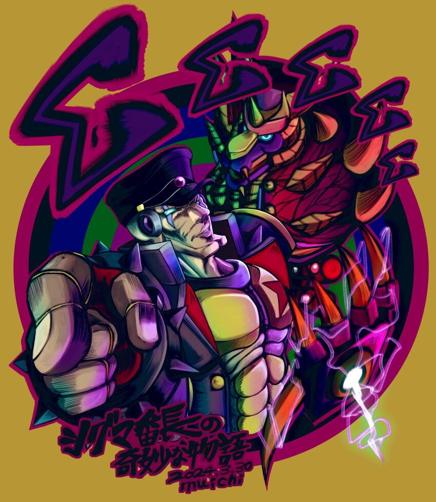 2boys, agetatekoron2, android, armor, bald, banchou, black_hair, black_hat, black_jacket, blue_eyes, bracelet, dated, delinquent, facial_mark, glowing, glowing_eyes, hat, highres, horns, jacket, jewelry, jojo_no_kimyou_na_bouken, jojo_pose, kujo_jotaro's_pose, looking_at_viewer, male_focus, mega_man_(series), mega_man_x_(series), mega_man_x_dive, multiple_boys, official_alternate_costume, pointing, pointing_at_viewer, robot_ears, sigma_(mega_man), spiked_bracelet, spikes, stand_(jojo), upper_body, yellow_armor, yellow_background