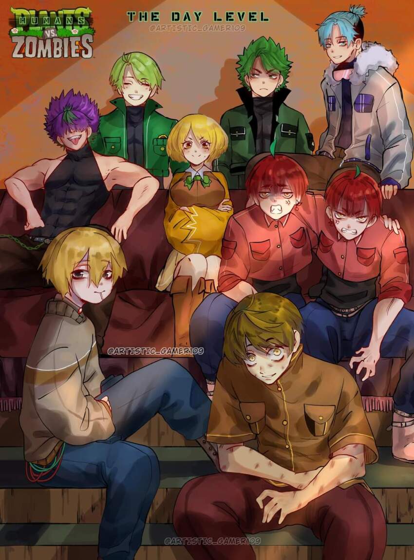 1girl, 6+boys, ahoge, anger_vein, angry, arm_on_another's_shoulder, arm_rest, bags_under_eyes