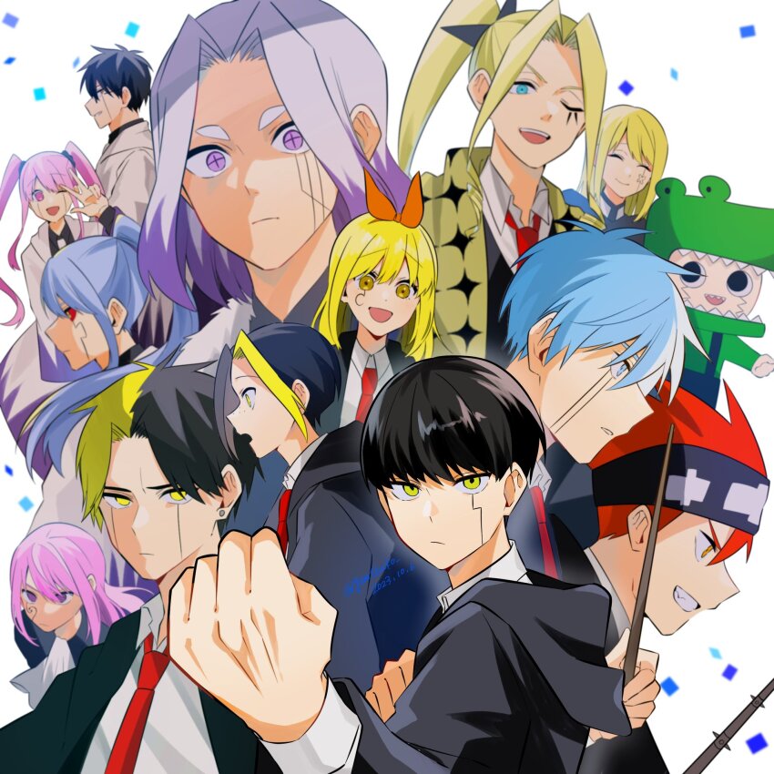 3girls, 6+boys, abel_walker, abyss_razor, ascot, black_hair, black_robe, blonde_hair