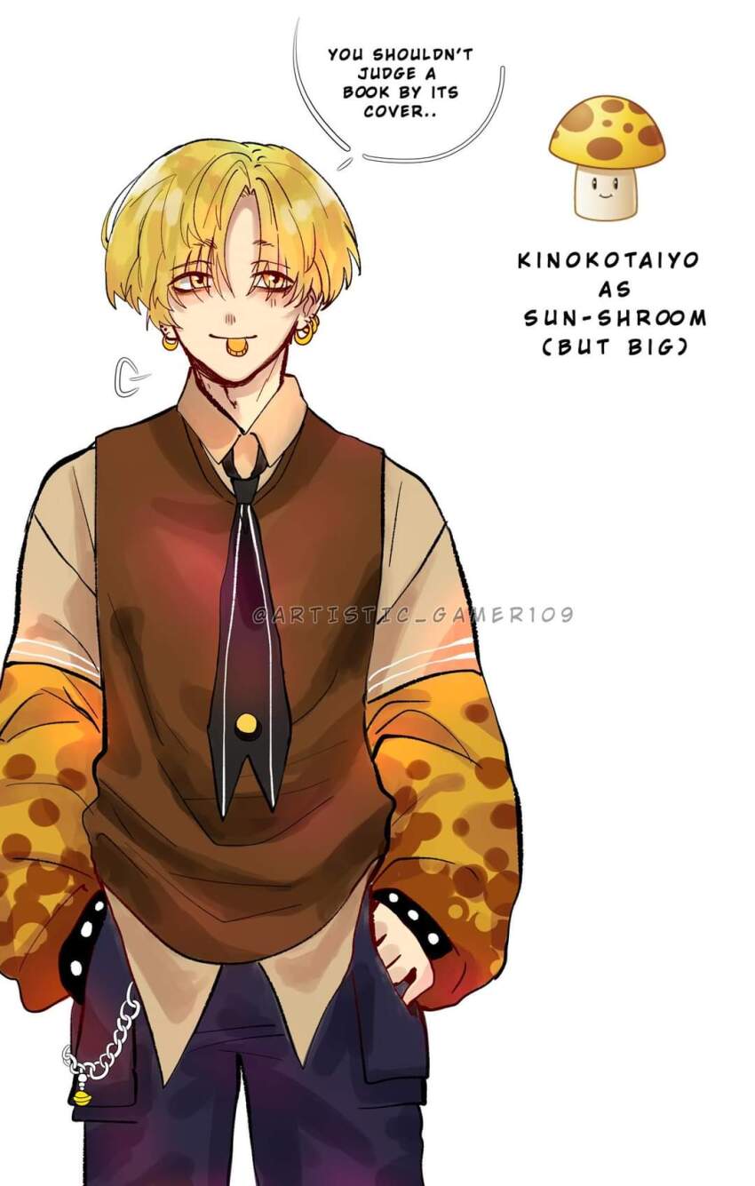 1boy, baggy_clothes, beige_shirt, bell, bell_chain, black_necktie, blonde_hair, blue_pants, brown_sweater_vest, chain, character_name, closed_mouth, coin, coin_in_mouth, collared_shirt, commentary_request, cowboy_shot, ear_piercing, earrings, eyes_visible_through_hair, gold_earrings, hair_over_eyes, hands_in_pockets, highres, humanization, jewelry, looking_to_the_side, male_focus, multicolored_shirt, mushroom, necktie, pants, personification, piercing, plants_vs._zombies, pocket, reka-san, shirt, short_hair, sigh, simple_background, smile, speech_bubble, sun-shroom_(plants_vs._zombies), sweater_vest, tagme, undershirt, white_background, wristband, yellow_eyes