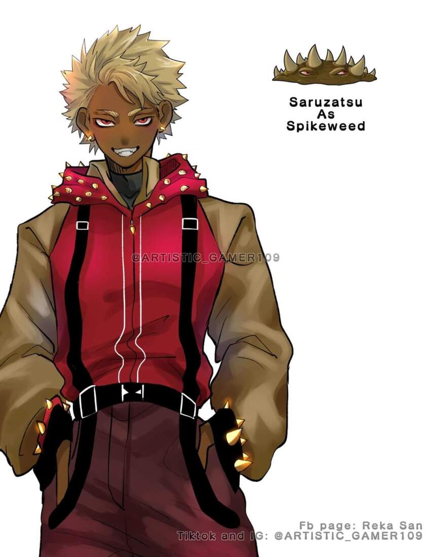 1boy, beige_hair, belt, black_straps, bracelet, brown_pants, brown_undershirt, buckle, character_name, commentary_request, cowboy_shot, dark-skinned_male, dark_skin, furrowed_brow, hands_in_pockets, high_collar, highres, humanization, jacket, jewelry, long_sleeves, long_sleeves_under_sleeveless, looking_at_viewer, male_focus, pants, personification, plants_vs._zombies, red_eyes, red_jacket, reka-san, shirt, short_hair, simple_background, sleeveless, sleeveless_jacket, smile, spiked_bracelet, spiked_ear_piercing, spiked_hair, spiked_hood, spikes, spikeweed_(plants_vs._zombies), suspenders, tagme, teeth, thorns, turtleneck, turtleneck_shirt, undershirt, white_background, yellow_spikes, zipper