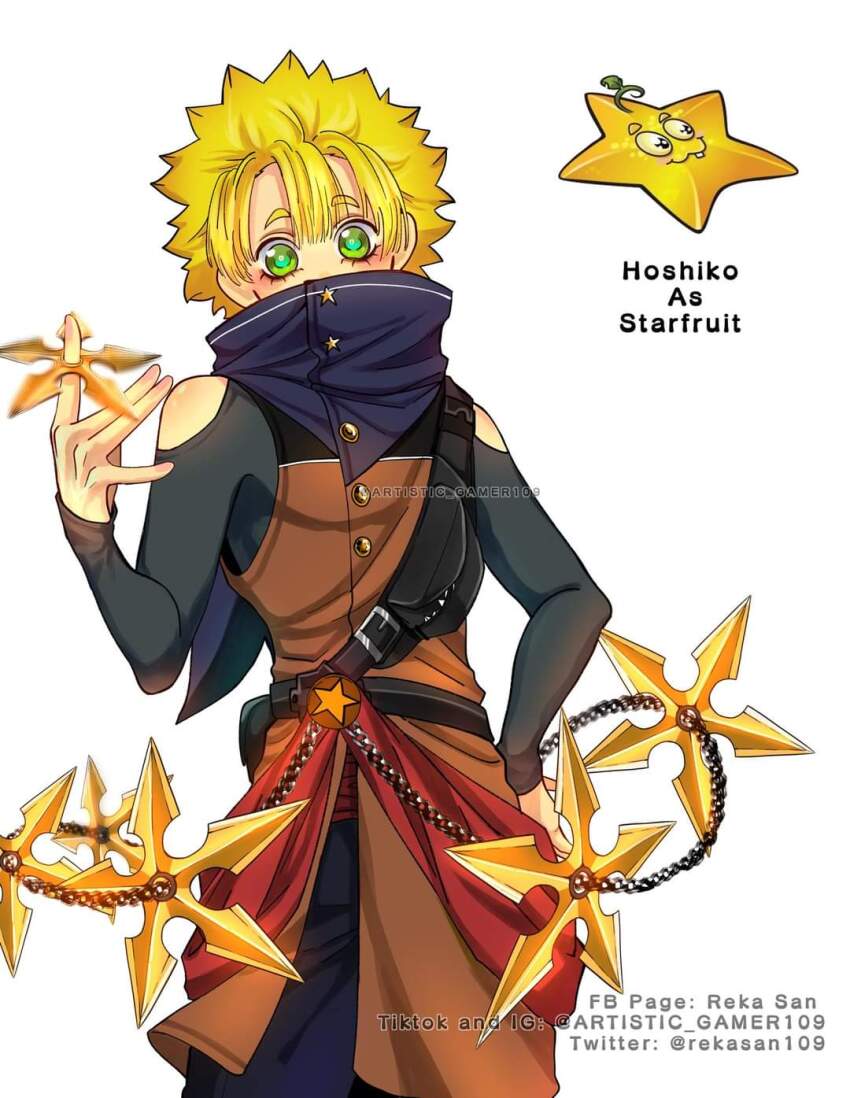 1boy, arm_up, bare_shoulders, belt, belt_buckle, black_belt, black_coat, black_shirt, blonde_hair, blue_pants, blue_scarf, blush, bright_pupils, brown_coat, buckle, buttons, chain, character_name, clothing_cutout, coat, commentary_request, covered_mouth, cowboy_shot, eyelashes, fanny_pack, food, fruit, green_eyes, hand_on_own_hip, hand_up, highres, holding, holding_shuriken, holding_weapon, long_sleeves, long_sleeves_under_sleeveless, male_focus, multicolored_coat, ninja, pants, parted_bangs, personification, plants_vs._zombies, pouch, red_sash, reka-san, sash, scarf, shirt, short_hair, shoulder_cutout, shuriken, simple_background, sleeveless, sleeveless_coat, spiked_hair, spinning, star_(symbol), starfruit, starfruit_(plants_vs_zombies), tagme, undershirt, weapon, white_background