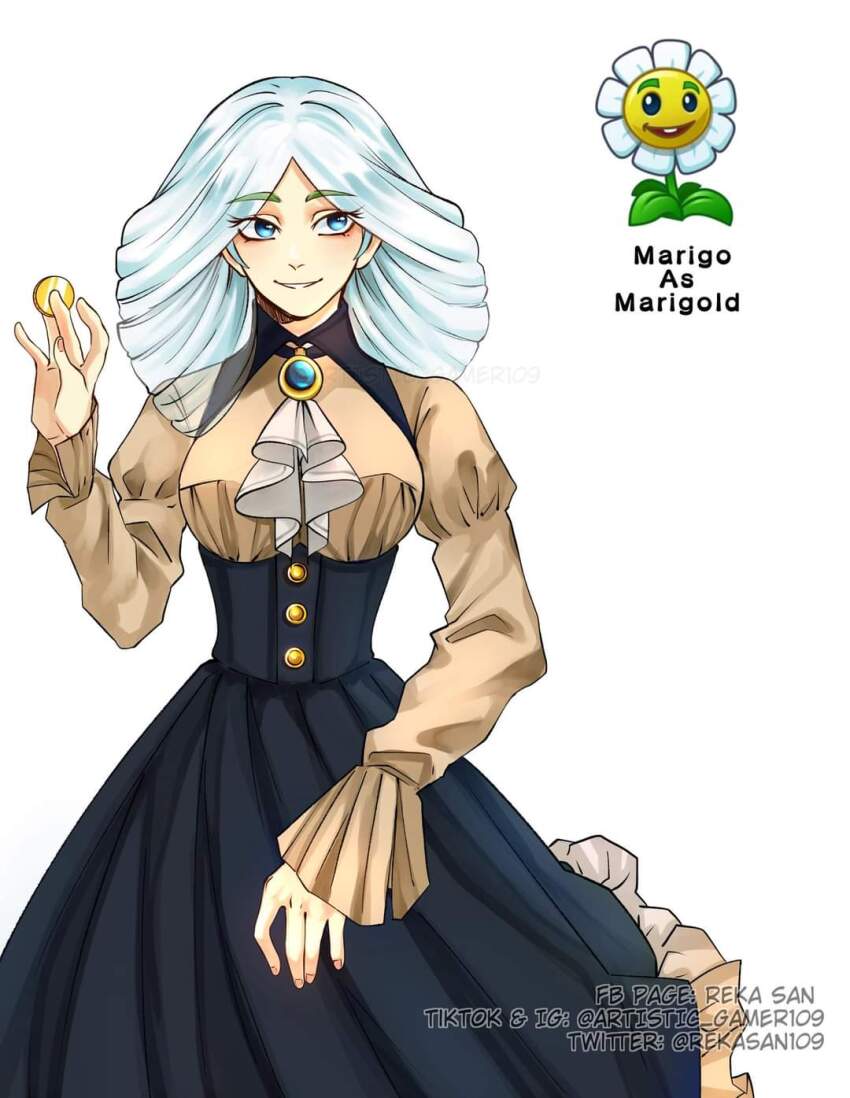 1girl, arm_up, ascot, beige_dress, blue_dress, blue_eyes, breasts, brooch