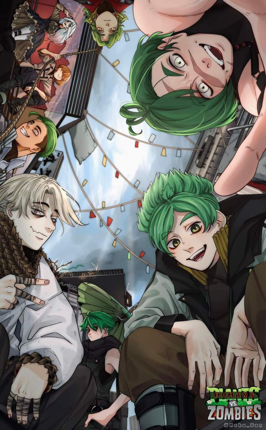 1girl, 6+boys, ahoge, ankle_strap, anklet, arm_on_knee, arm_pouch, arm_strap