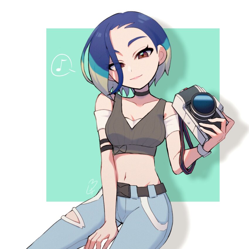 1girl, armband, bare_shoulders, black_armband, black_choker, blue_hair, bob_cut, brown_eyes