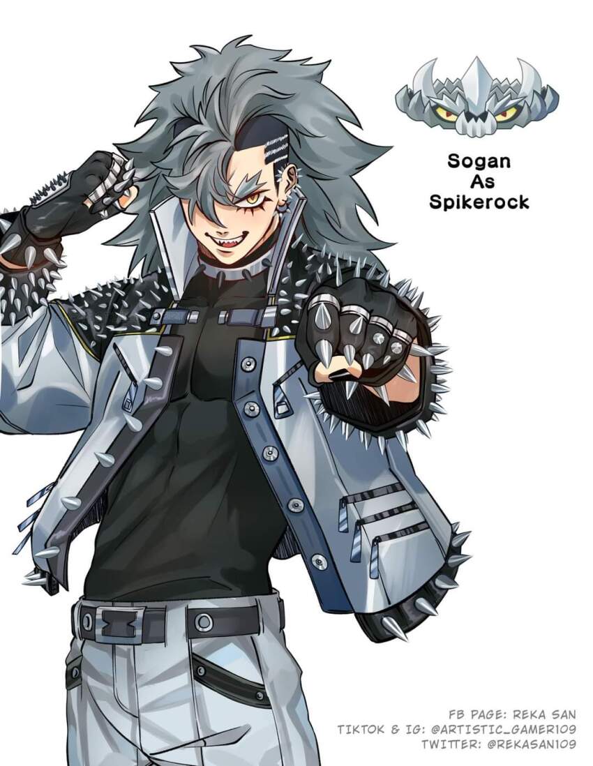 1boy, arms_up, asymmetrical_hair, belt, black_gloves, black_jacket, black_nail_polish, black_nails, bracelet, buckle, character_name, clenched_hands, collar, commentary_request, cowboy_shot, dark_grey_hair, ear_ornament, ear_piercing, earrings, fingerless_gloves, furrowed_brow, gloves, grey_hair, grey_jacket, hair_over_one_eye, high_collar, highres, humanization, jacket, jewelry, long_hair, long_sleeves, looking_at_viewer, male_focus, mohawk, multicolored_hair, multicolored_jacket, nail_polish, one_eye_covered, open_mouth, outstretched_arm, pants, pectorals, personification, piercing, plants_vs._zombies, reka-san, sharp_teeth, shirt, sidecut, simple_background, smile, spiked_bracelet, spiked_collar, spiked_ear_piercing, spiked_gloves, spiked_hair, spiked_jacket, spikerock_(plants_vs._zombies), spikes, tagme, teeth, thorns, turtleneck, turtleneck_shirt, undercut, white_background, white_pants, white_spikes, yellow_eyes, zipper