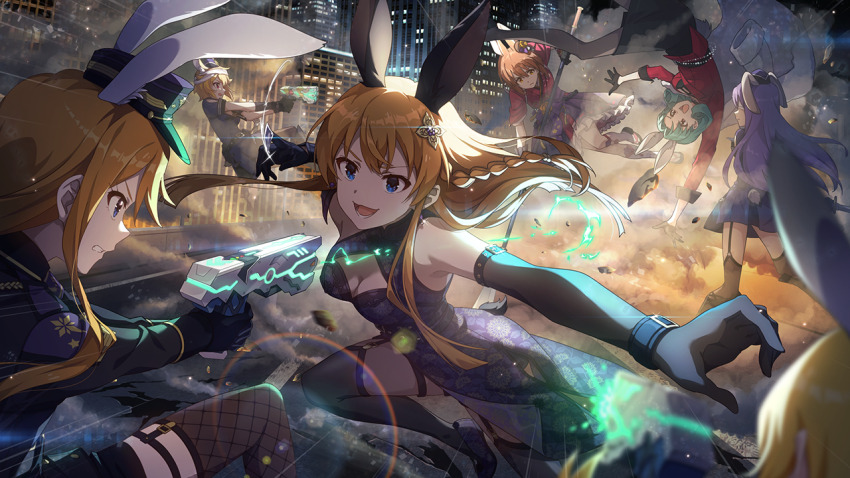 blue_eyes, braid, breasts, brown_hair, bunny_police, china_dress, chinese_clothes, cleavage, dress, earrings, fighting, game_cg, garter_straps, gloves, green_hair, gun, hagiwara_yukiho, hat, ibuki_tsubasa, idolmaster, idolmaster_million_live!, idolmaster_million_live!_theater_days, jewelry, kousaka_umi, mini_hat, mochizuki_anna, official_art, rabbit_ears, thighhighs, tokoro_megumi, tokugawa_matsuri, weapon