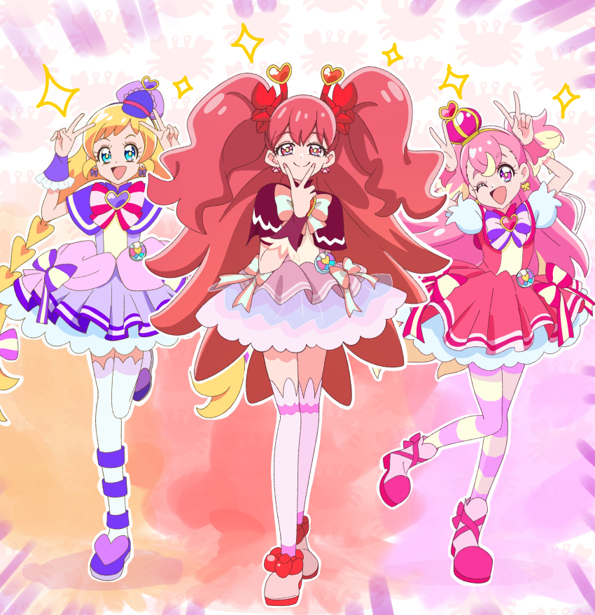 3girls, :d, ;d, abstract_background, absurdres, akizora_(aki_precure), alternate_universe, blonde_hair