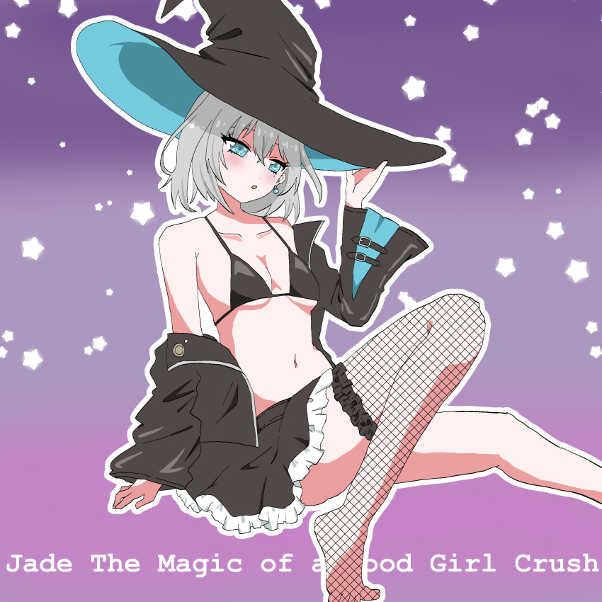 1girl, absurdres, aqua_eyes, aqua_hat, azur_lane, bare_shoulders, bikini, bikini_top_only, black_bikini, black_hat, black_skirt, black_sleeves, blue_eyes, blush, breasts, character_name, crossed_bangs, detached_sleeves, earrings, fishnet_thighhighs, fishnets, frilled_skirt, frills, grey_hair, hand_up, hat, highres, jade_(a_good_girl's_magic)_(azur_lane), jade_(azur_lane), jewelry, medium_breasts, meguruneet, mole, mole_under_eye, navel, official_alternate_costume, outline, parted_lips, short_hair, simple_background, single_earring, single_thighhigh, skirt, solo, star_(symbol), stomach, swimsuit, thighhighs, two-tone_hat, white_outline, witch_hat
