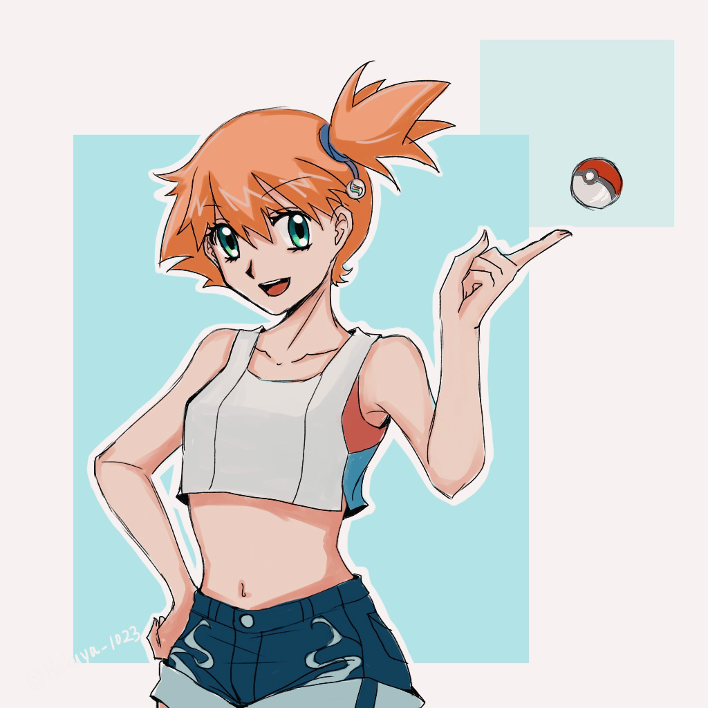 1girl, :d, asymmetrical_hair, blue_background, blue_shorts, breasts, cowboy_shot, crop_top, denim, denim_shorts, eyelashes, female_focus, green_eyes, gym_leader, hair_between_eyes, hair_ornament, hakuya1023, hakuya_1023, hand_on_own_hip, hand_up, holding, holding_poke_ball, index_finger_raised, looking_at_viewer, midriff, misty_(pokemon), navel, nintendo, open_mouth, orange_hair, outline, poke_ball, poke_ball_(basic), pokemon, pokemon:_let's_go_pikachu!_and_let's_go_eevee!, ponytail, shirt, short_hair, short_shorts, shorts, side_ponytail, sleeveless, sleeveless_shirt, smile, solo, standing, suspenders, tank_top, teeth, tongue, upper_teeth_only, white_shirt