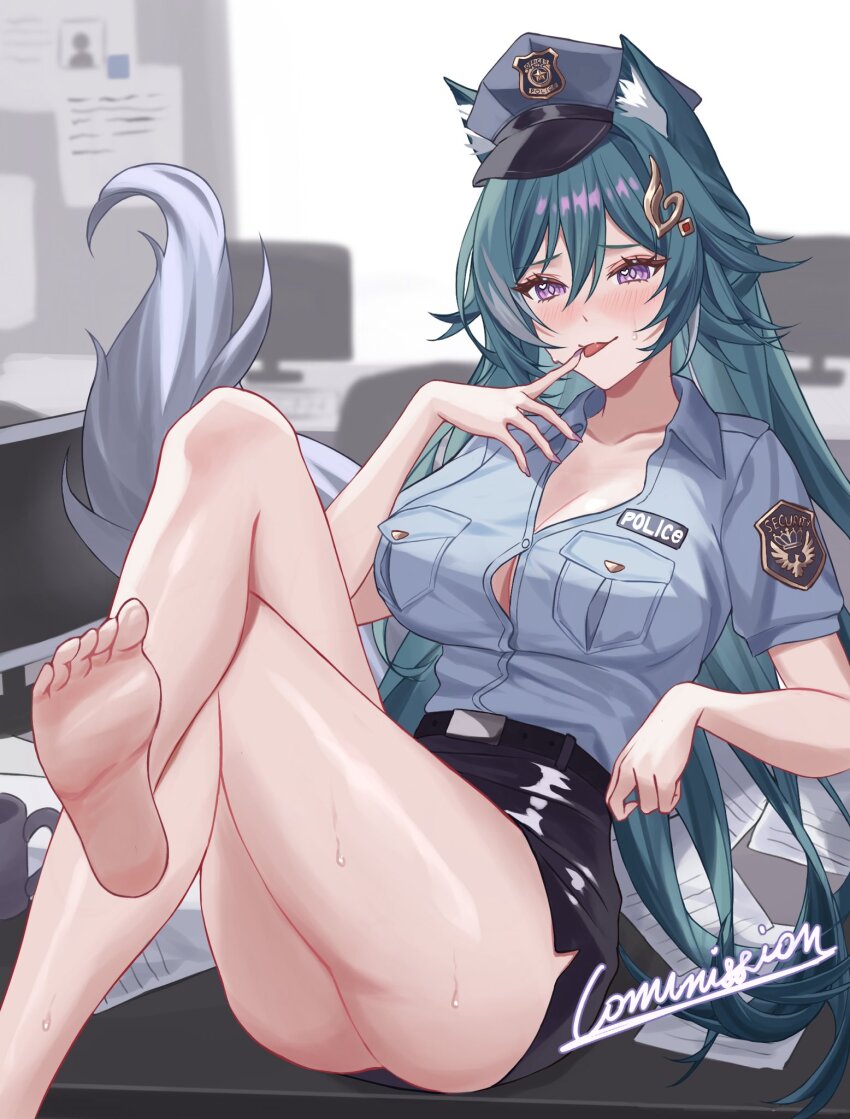 1girl, animal_ears, barefoot, belt, black_belt, black_skirt, blue_shirt, blush