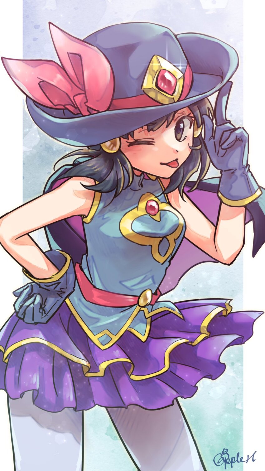 1girl, ;p, bare_shoulders, black_eyes, black_hair, blue_shirt, capelet, dawn_(pokemon)