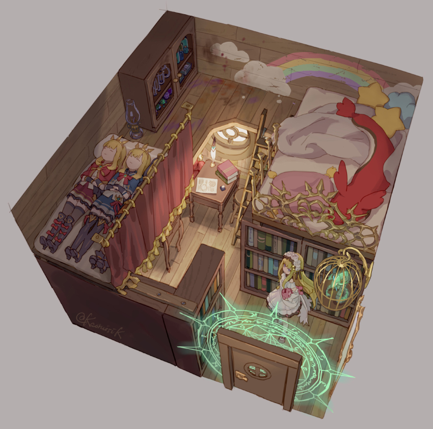 artist_name, bed, black_thighhighs, blanket, blonde_hair, blue_capelet, blunt_bangs, book