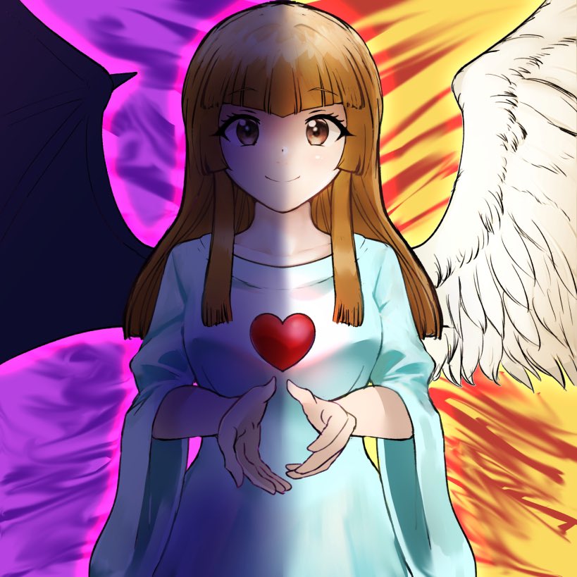 1girl, angel_wings, blunt_bangs, brown_eyes, brown_hair, change_of_heart, demon_wings, dress, duel_monster, feathered_wings, heart, long_hair, long_sleeves, smile, solo, split_theme, tokage_(tokageymimr), wide_sleeves, wings, yu-gi-oh!