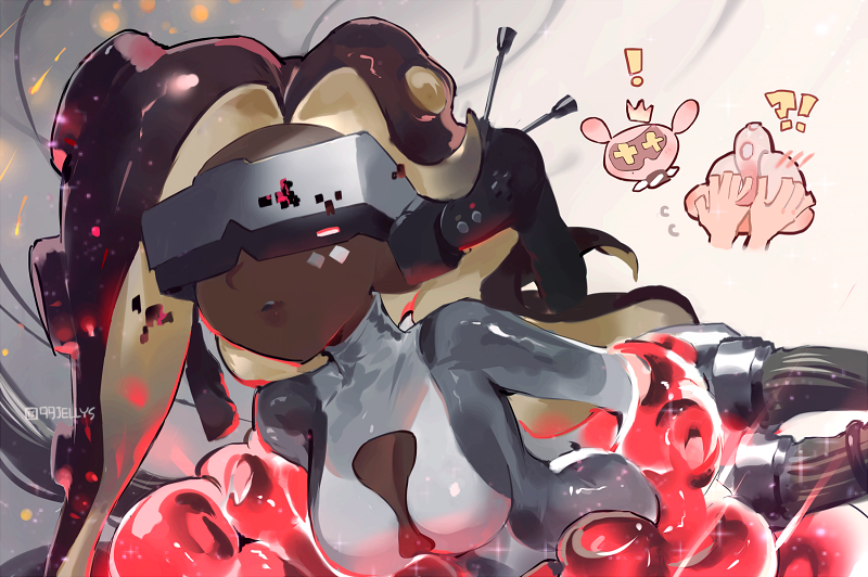 !, !?, 1boy, 2girls, agent_8_(splatoon), arm_grab, blush, bodysuit