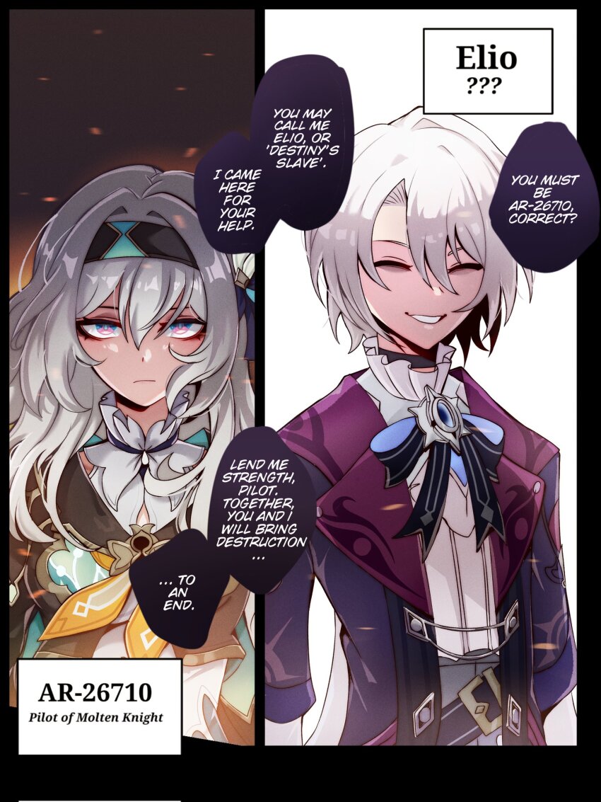 1boy, 1girl, akashicelegy, black_choker, black_jacket, black_ribbon, choker, closed_eyes, cropped_jacket, design_speculation, elio_(honkai:_star_rail), english_text, expressionless, firefly_(honkai:_star_rail), grey_hair, hair_between_eyes, headband, highres, honkai:_star_rail, honkai_(series), jacket, long_hair, neckerchief, orange_neckerchief, pink_eyes, purple_jacket, ribbon, shirt, short_hair, spoilers, white_hair, white_shirt