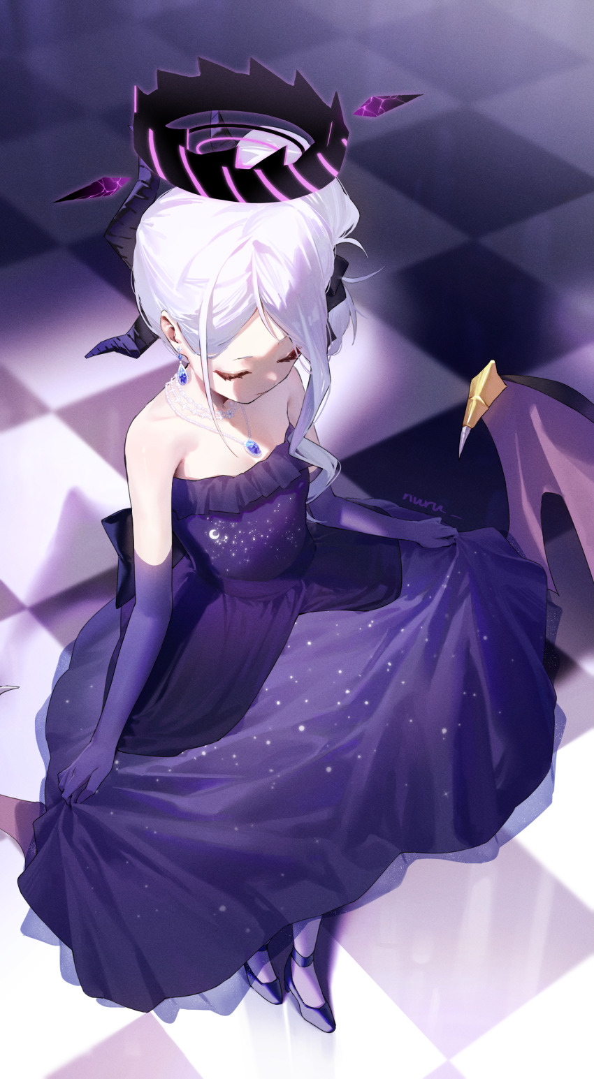 1girl, absurdres, black_horns, blue_archive, checkered_floor, demon_horns, demon_wings, dress