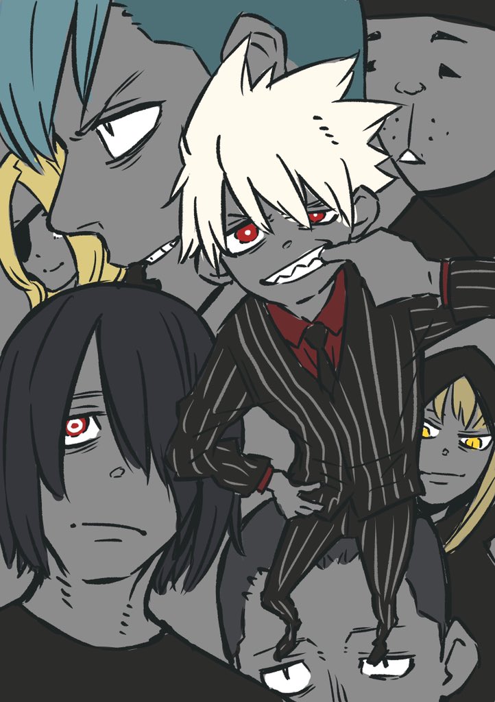 black_hair, blonde_hair, blue_hair, crossover, en'en_no_shouboutai, flat_color, hair_over_one_eye, karim_flam