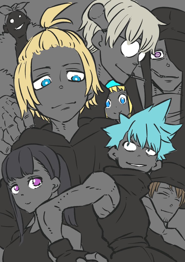 2girls, arthur_boyle, black_hair, black_star, blonde_hair, blue_eyes, blue_hair, brown_hair