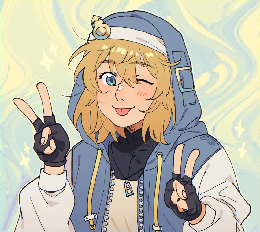 1boy, :p, androgyne_symbol, aqua_eyes, black_gloves, blonde_hair, blush, bridget_(guilty_gear)