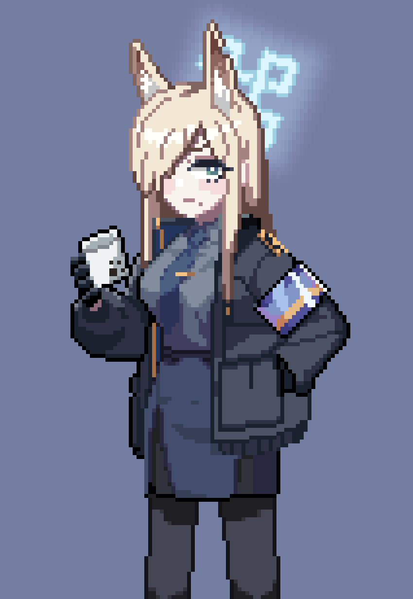 1girl, animal_ears, armband, baeloe, black_jacket, black_pantyhose, blonde_hair, blue_archive