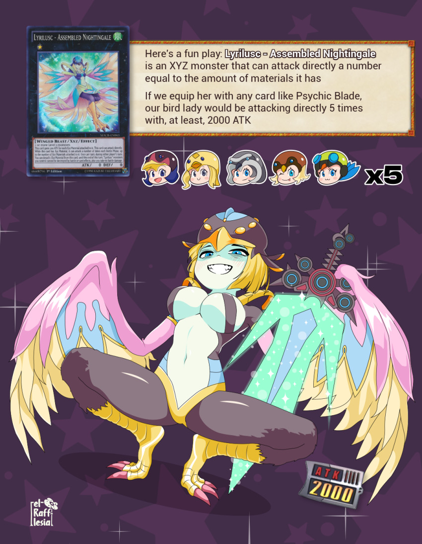 english_text, highres, lyrilusc_-_assembled_nightingale, lyrilusc_-_beryl_canary, lyrilusc_-_celestine_wagtail, lyrilusc_-_cobalt_sparrow, lyrilusc_-_sapphire_swallow, lyrilusc_-_turqouise_warbler, non-web_source, psychic_blade, smug, squatting, winged_arms, wings, yu-gi-oh!