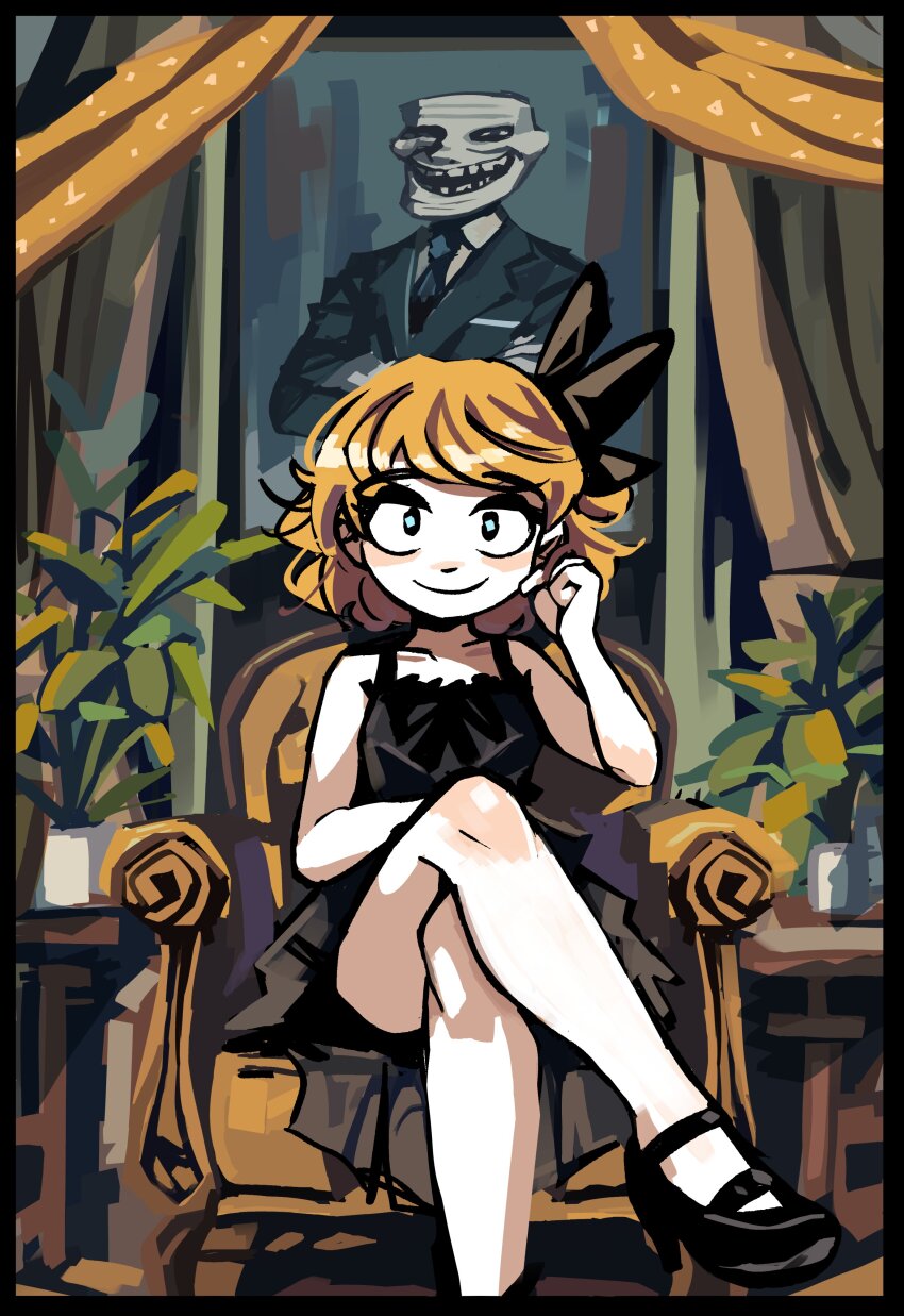 1girl, absurdres, armchair, bare_shoulders, black_border, black_bow, black_dress, black_eyeshadow