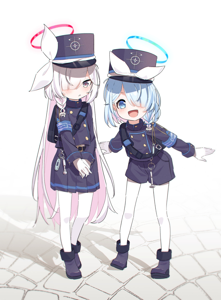 2girls, :c, :d, absurdres, armband, arona_(blue_archive), backpack, bag