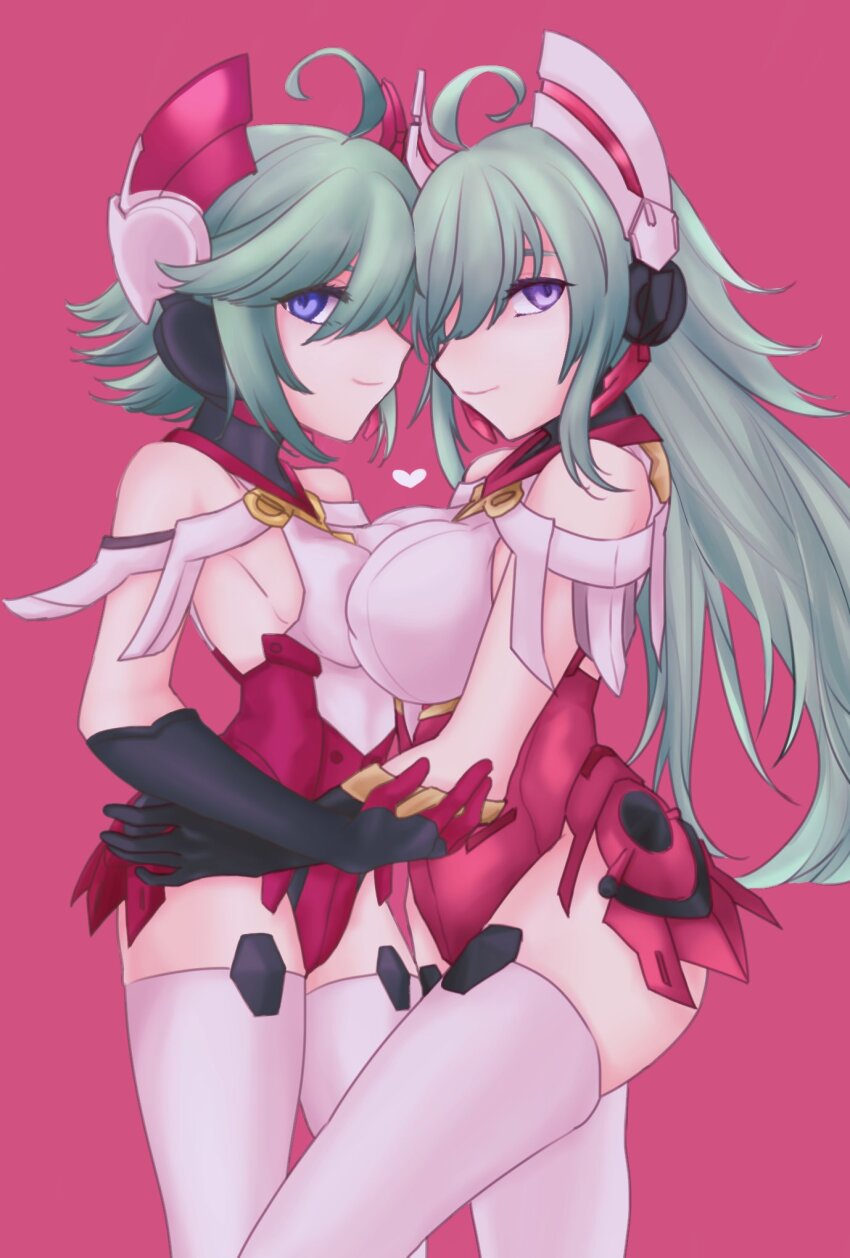 2girls, azure_striker_gunvolt, blue_eyes, breast_press, breasts, green_hair, headgear, heart