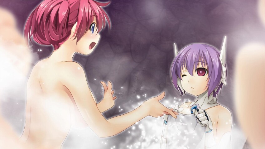 2girls, astel_(wizards_symphony), atelier-moo, bare_shoulders, blue_eyes, breasts, closed_mouth, completely_nude, convenient_censoring, cowboy_shot, folded_ponytail, hair_between_eyes, highres, holding, holding_towel, large_breasts, long_hair, mechanical_arms, multiple_girls, nude, one_eye_closed, open_mouth, purple_hair, red_eyes, red_hair, robot_ears, short_hair, sideboob, smile, spica_celest, standing, steam, steam_censor, towel, wading, wizards_symphony