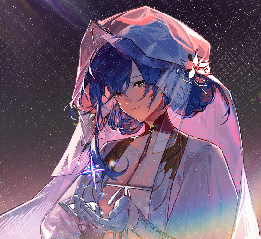 1girl, absurdres, between_breasts, blue_hair, blueblossom, breasts, bridal_veil, brown_eyes