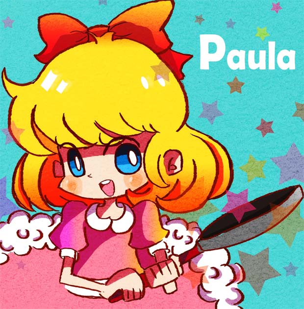 1girl, blonde_hair, blue_eyes, blush_stickers, bow, bright_pupils, character_name, dress, frying_pan, hair_bow, holding, holding_frying_pan, kumama_(amandak), mother_(series), mother_2, nintendo, open_mouth, paula_(mother_2), pink_dress, red_bow, short_hair, solo, star_(symbol), teeth, upper_teeth_only, white_pupils