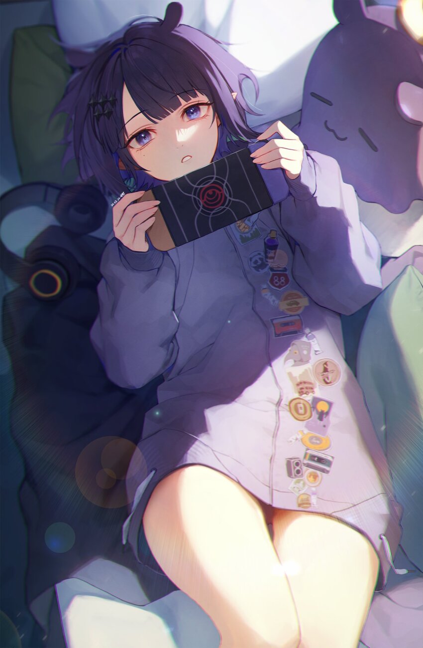 -w-, 1girl, 1other, alternate_costume, alternate_hairstyle, animal_ears, artist_request, bed, blue_eyes, fingernails, game_controller, headphones, highres, hololive, hololive_english, jacket, joy-con, light_blush, mole, mole_under_eye, nails, ninomae_ina'nis, nintendo_switch, pillow, purple_hair, serious, sharp_fingernails, short_hair, sticker, sticker_on_clothes, takodachi_(ninomae_ina'nis), virtual_youtuber, yurang
