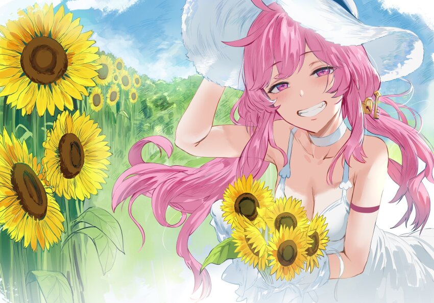 1girl, arm_up, blue_sky, breasts, choker, cleavage, cloud, commentary, cross-shaped_pupils, dress, eien_project, english_commentary, field, flower, flower_field, grin, half-closed_eyes, hand_on_headwear, hat, heart-shaped_lock, hews, highres, key_hair_ornament, kiki_lockheart, lock_hair_ornament, looking_at_viewer, medium_breasts, outdoors, pink_eyes, pink_hair, second-party_source, sky, smile, solo, sun_hat, sunflower, sunflower_field, symbol-shaped_pupils, upper_body, virtual_youtuber, white_choker, white_dress, white_hat
