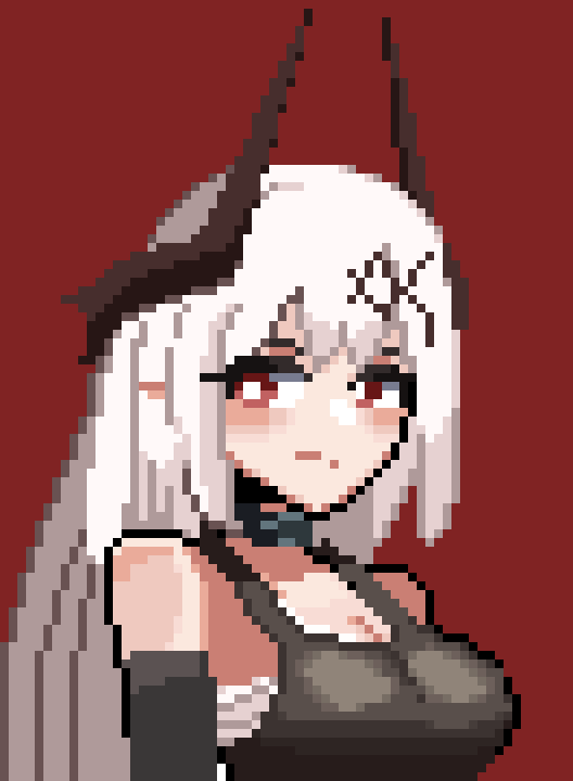 1girl, arknights, baeloe, bare_shoulders, black_horns, black_sports_bra, blush_stickers, breasts, bright_pupils, cleavage, closed_mouth, commentary_request, horns, korean_commentary, long_hair, looking_back, mudrock_(arknights), pixel_art, red_background, red_eyes, sideways_glance, simple_background, solo, sports_bra, upper_body, white_hair, white_pupils