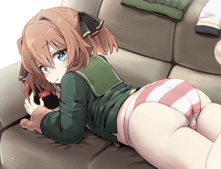 1girl, ass, black_ribbon, blue_eyes, blush, brown_hair, couch, green_sailor_collar, hachijou_(kancolle), hair_between_eyes, hair_ribbon, highres, holding, kantai_collection, loli, long_sleeves, looking_at_viewer, looking_back, lying, mouth_hold, on_stomach, panties, pom_pom_(clothes), ribbon, sailor_collar, school_uniform, serafuku, solo, striped_clothes, striped_panties, tablet_pc, unagiman, underwear