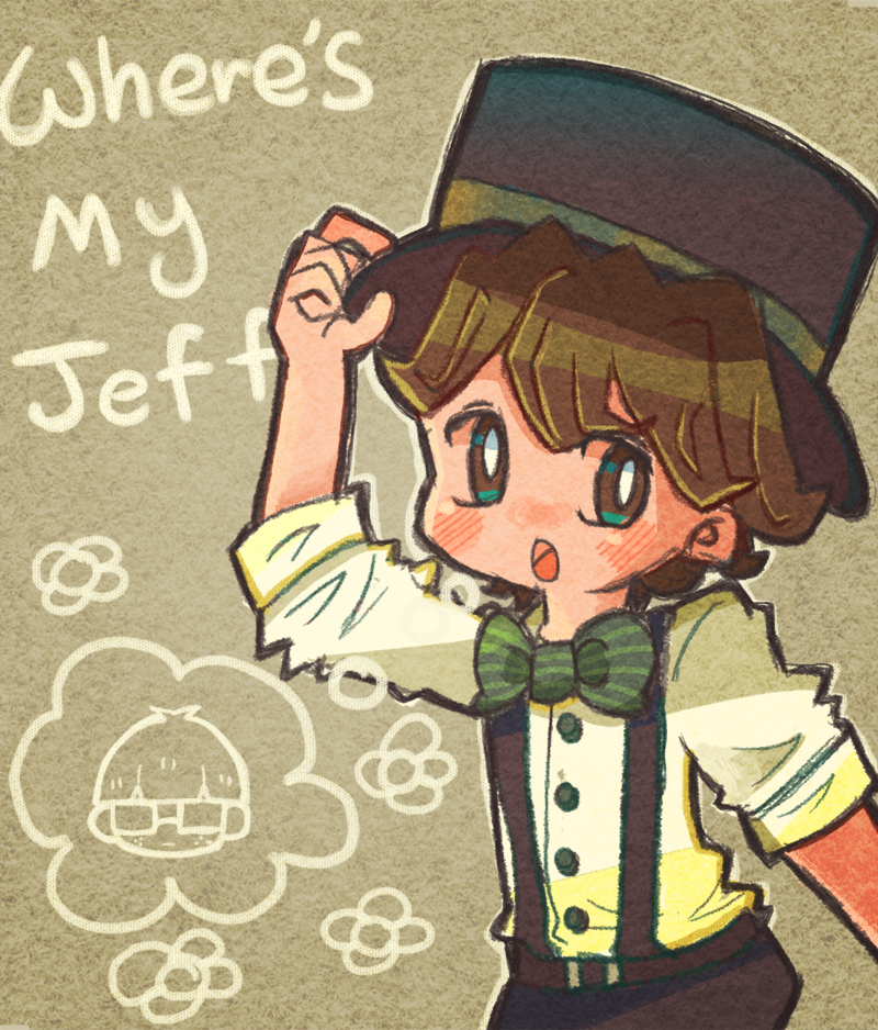 1boy, belt, black_hat, black_pants, blush, bow, bright_pupils, brown_belt