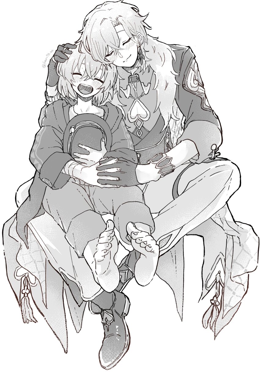 2boys, absurdres, aventurine_(honkai:_star_rail), barefoot, bracelet, closed_eyes, closed_mouth, clothing_cutout