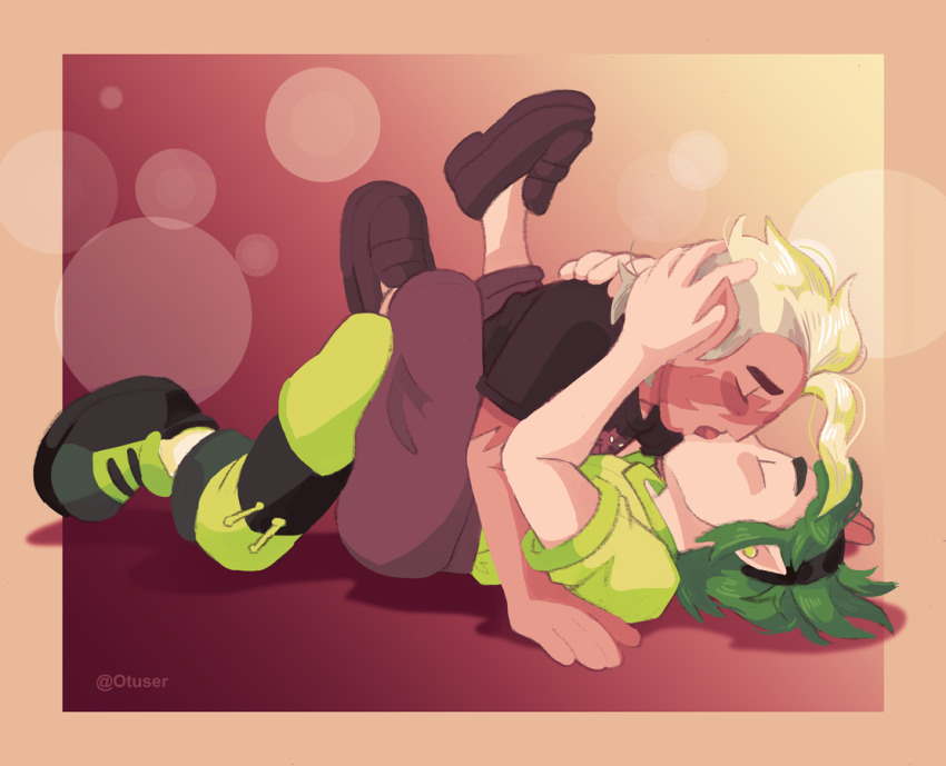 2boys, artist_name, blonde_hair, couple, edric_blight, french_kiss, full_body, green_hair
