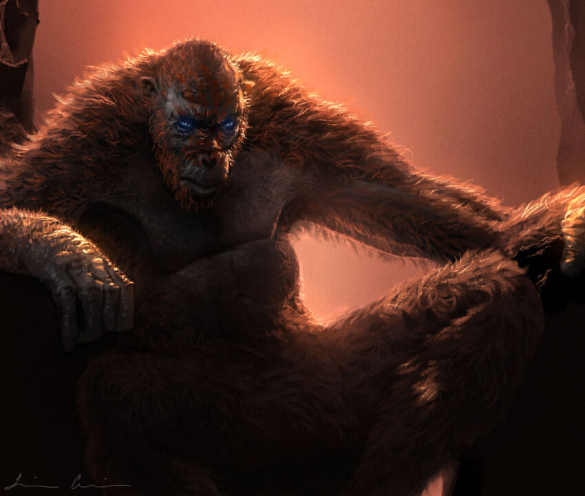 ape, bald, blood, blue_eyes, crossover, facepaint, giant, giant_monster, glowing, glowing_eyes, godzilla_(series), godzilla_x_kong:_the_new_empire, kaiju, king_kong_(series), legendary_pictures, luis_garcia, monster, monsterverse, no_humans, orangutan, realistic, sitting, skar_king, throne, war_paint