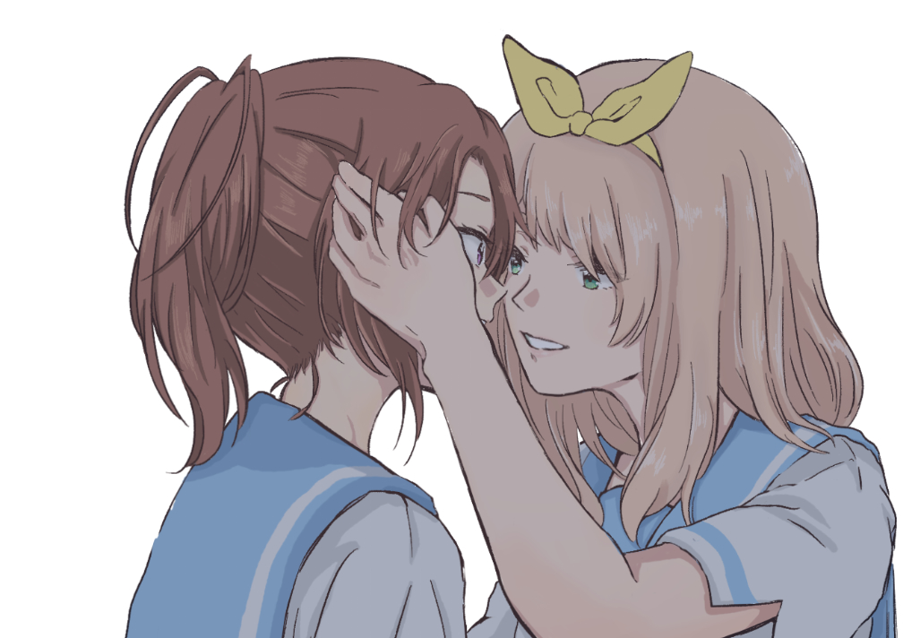 2girls, blonde_hair, blue_sailor_collar, bow_hairband, brown_hair, commentary_request, curryisfriend, green_eyes, hairband, hand_on_another's_head, hibike!_euphonium, liz_to_aoi_tori, long_hair, multiple_girls, nakagawa_natsuki, one_eye_closed, parted_lips, ponytail, purple_eyes, sailor_collar, school_uniform, serafuku, shirt, short_sleeves, simple_background, smile, upper_body, white_background, white_shirt, yellow_hairband, yoshikawa_yuuko, yuri