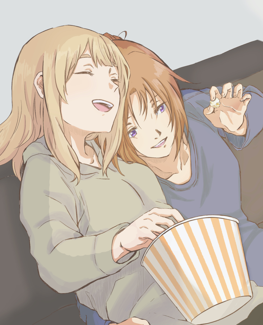 2girls, arm_around_another's_waist, blonde_hair, blue_shirt, brown_hair, closed_eyes, commentary_request, couch