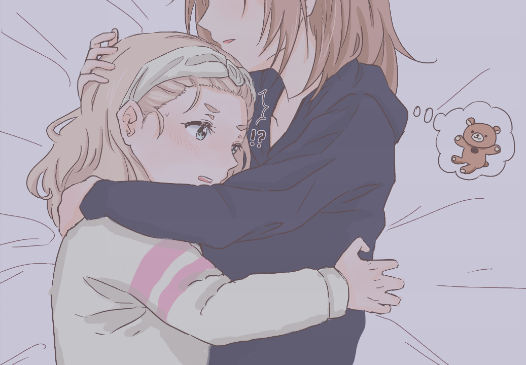 !?, 2girls, black_shirt, blue_eyes, brown_hair, commentary_request, cuddling, curryisfriend