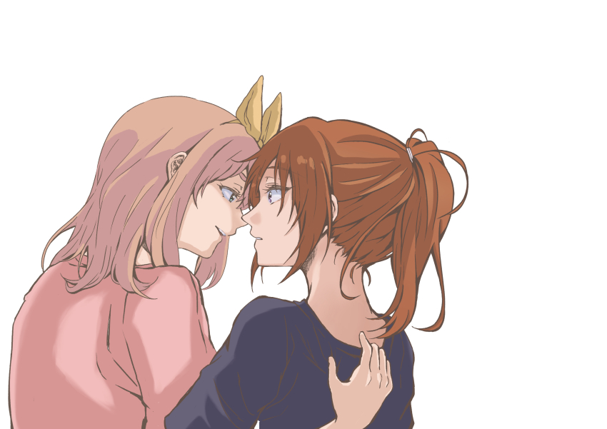 2girls, black_shirt, bow_hairband, brown_hair, commentary_request, curryisfriend, green_eyes, hairband