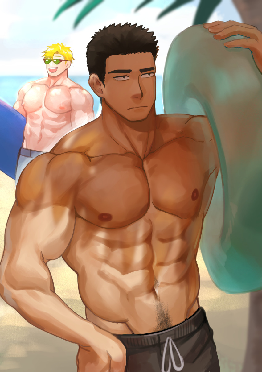 2boys, :d, abs, absurdres, alternate_body_hair, ao_isami, bara, beach, black_hair, black_male_swimwear, blonde_hair, bored, cowboy_shot, facial_hair, highres, holding, holding_swim_ring, innertube, large_pectorals, lewis_smith, looking_ahead, male_focus, male_swimwear, medium_sideburns, meiji_(meiji_nsfw), multiple_boys, muscular, muscular_male, navel, navel_hair, nipples, open_mouth, pectorals, perspective, sideburns, sideburns_stubble, smile, standing, stomach, stubble, sunglasses, swim_ring, thick_eyebrows, topless_male, yaoi, yuuki_bakuhatsu_bang_bravern